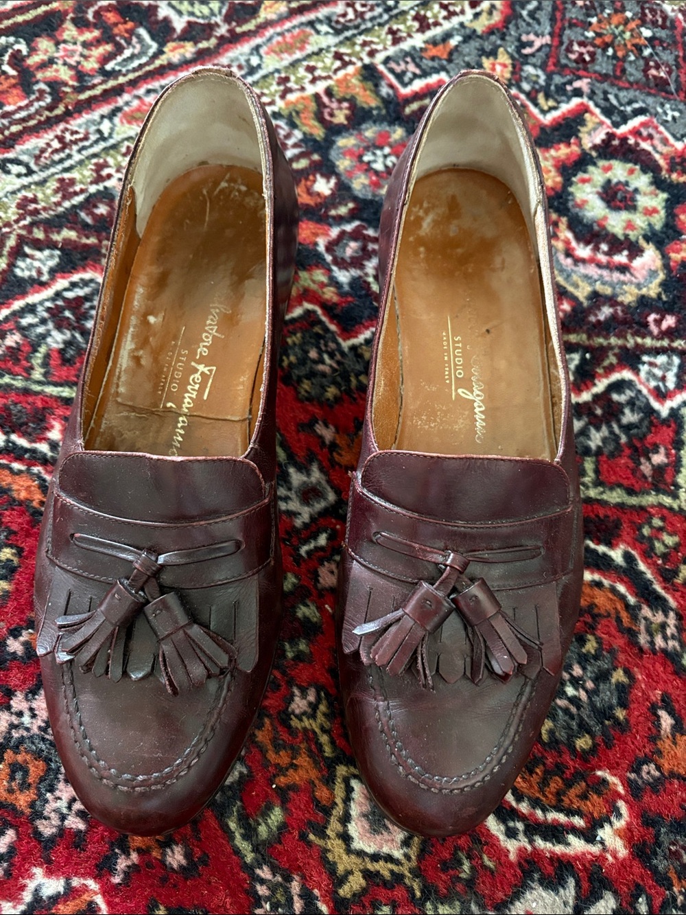 Salvatore Ferragamo Burgundy Leather Tassel Loafers